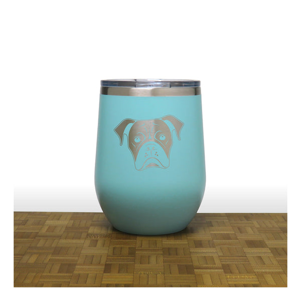Teal - Boxer Dog Face PC 12oz STEMLESS WINE - Copyright Hues in Glass