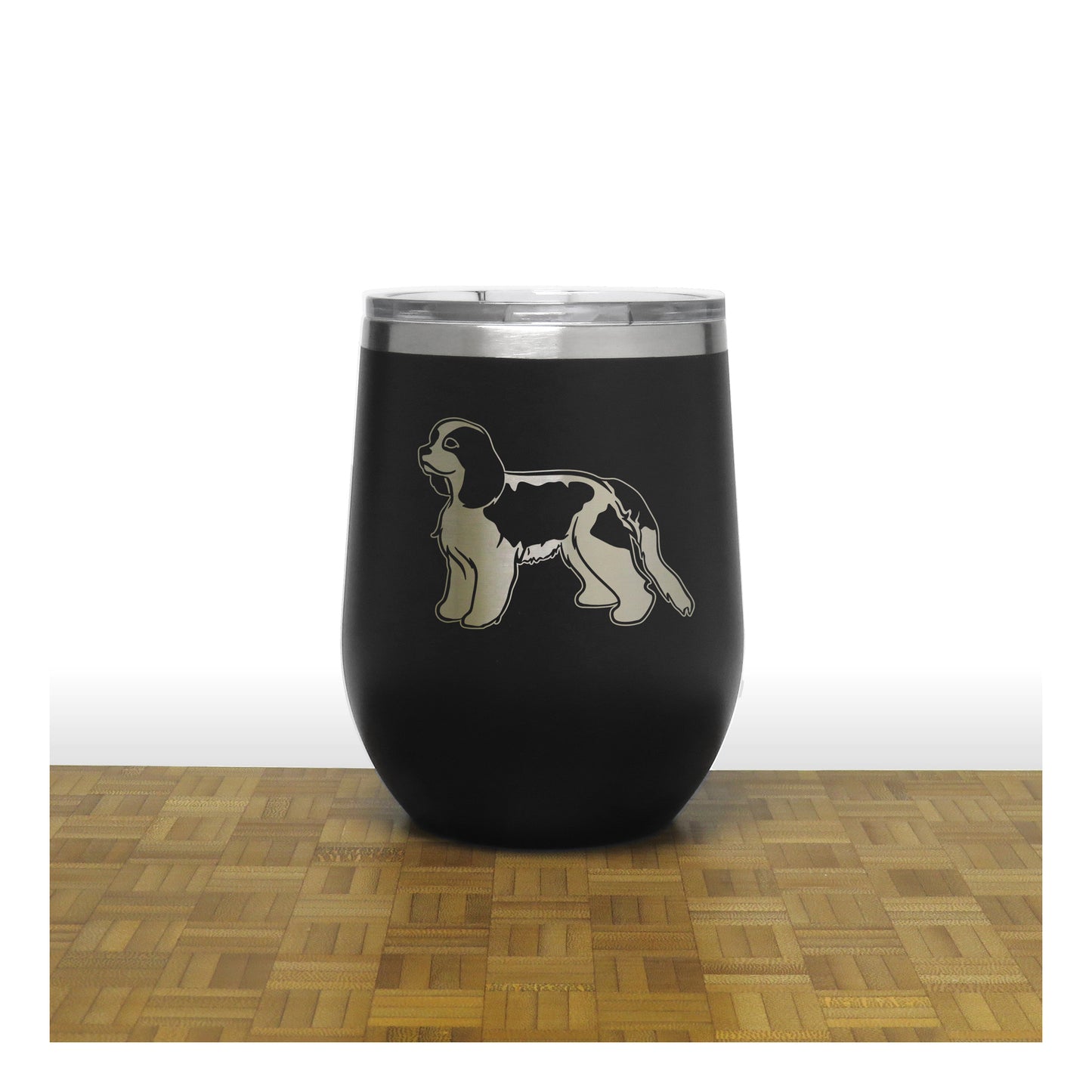 Black - Cavalier King Charles Spaniel PC 12oz STEMLESS WINE - Copyright Hues in Glass