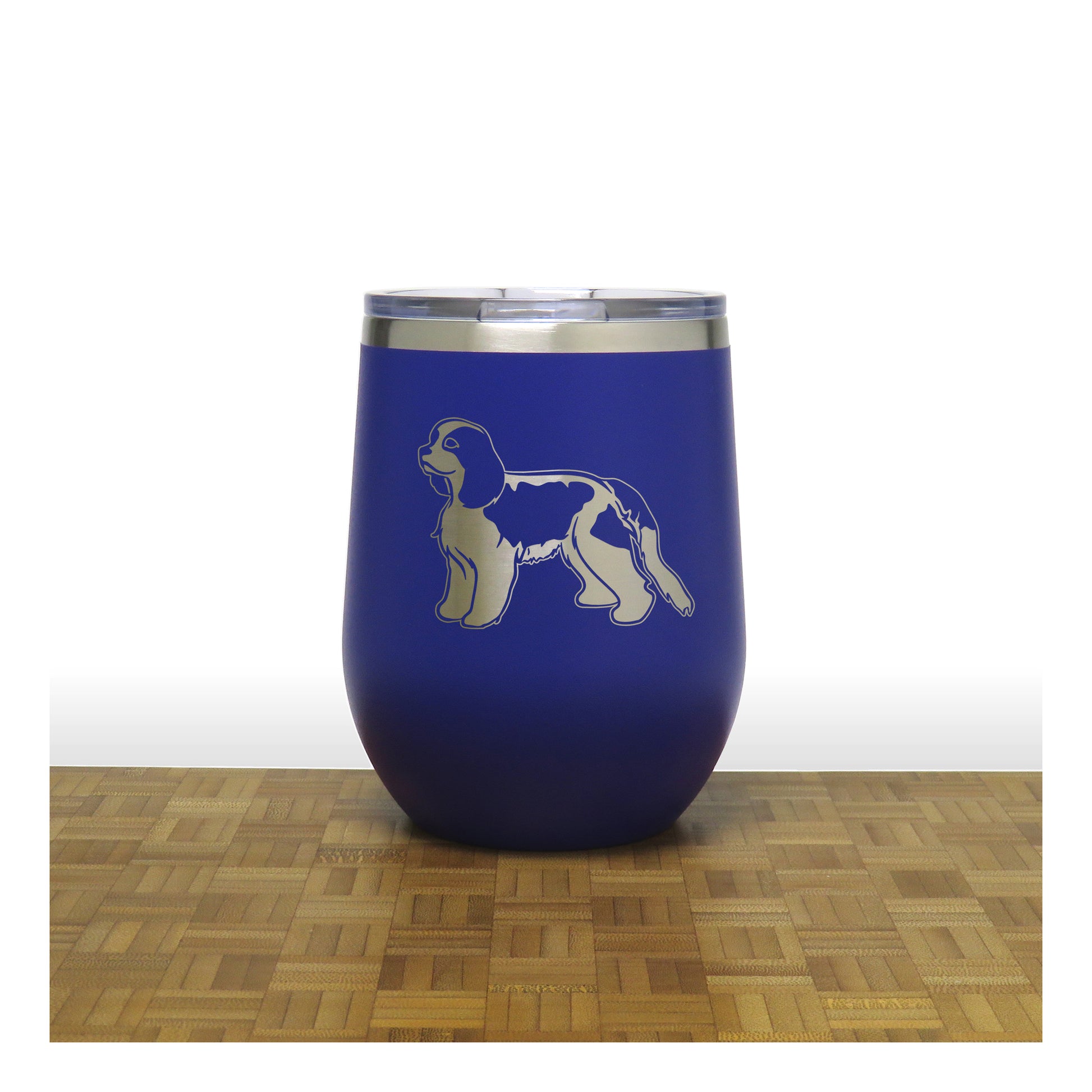 Blue - Cavalier King Charles Spaniel PC 12oz STEMLESS WINE - Copyright Hues in Glass