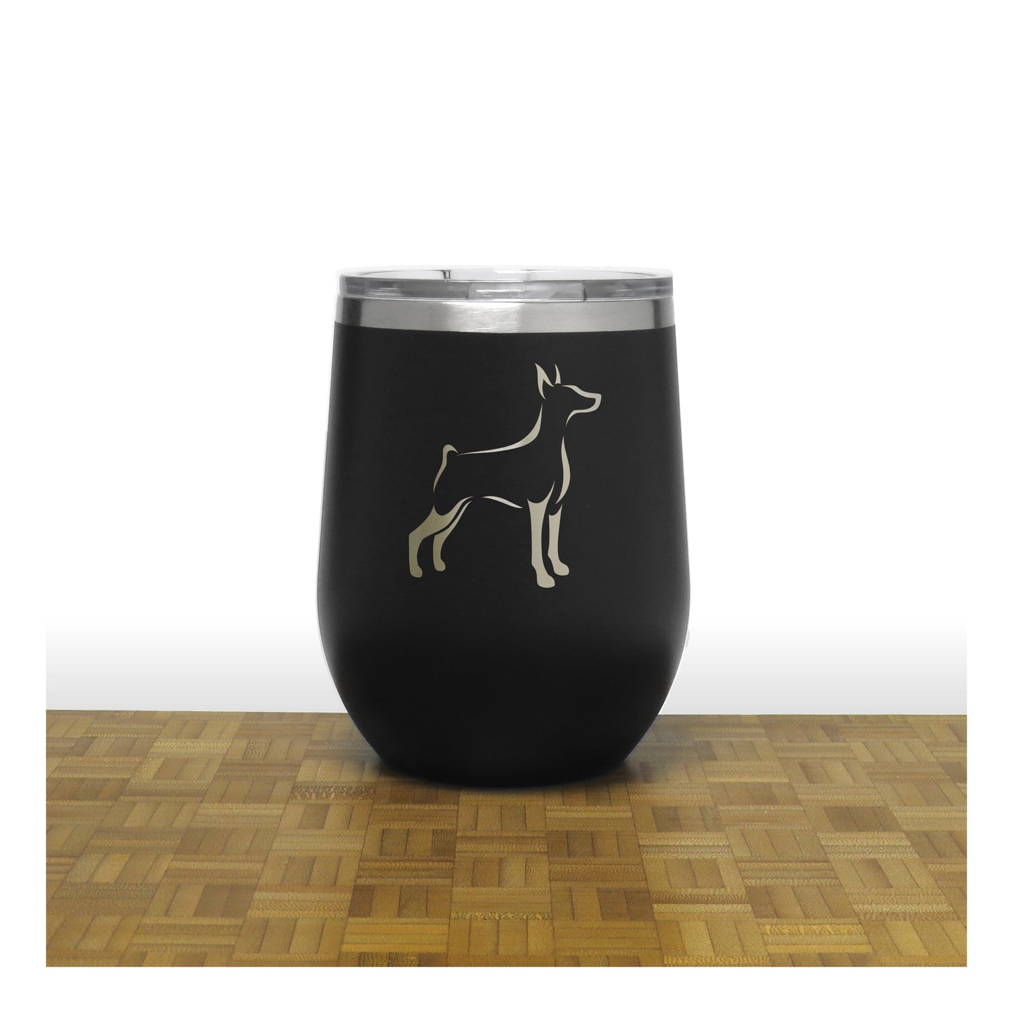 Black - Doberman Design 3 PC 12oz STEMLESS WINE - Copyright Hues in Glass