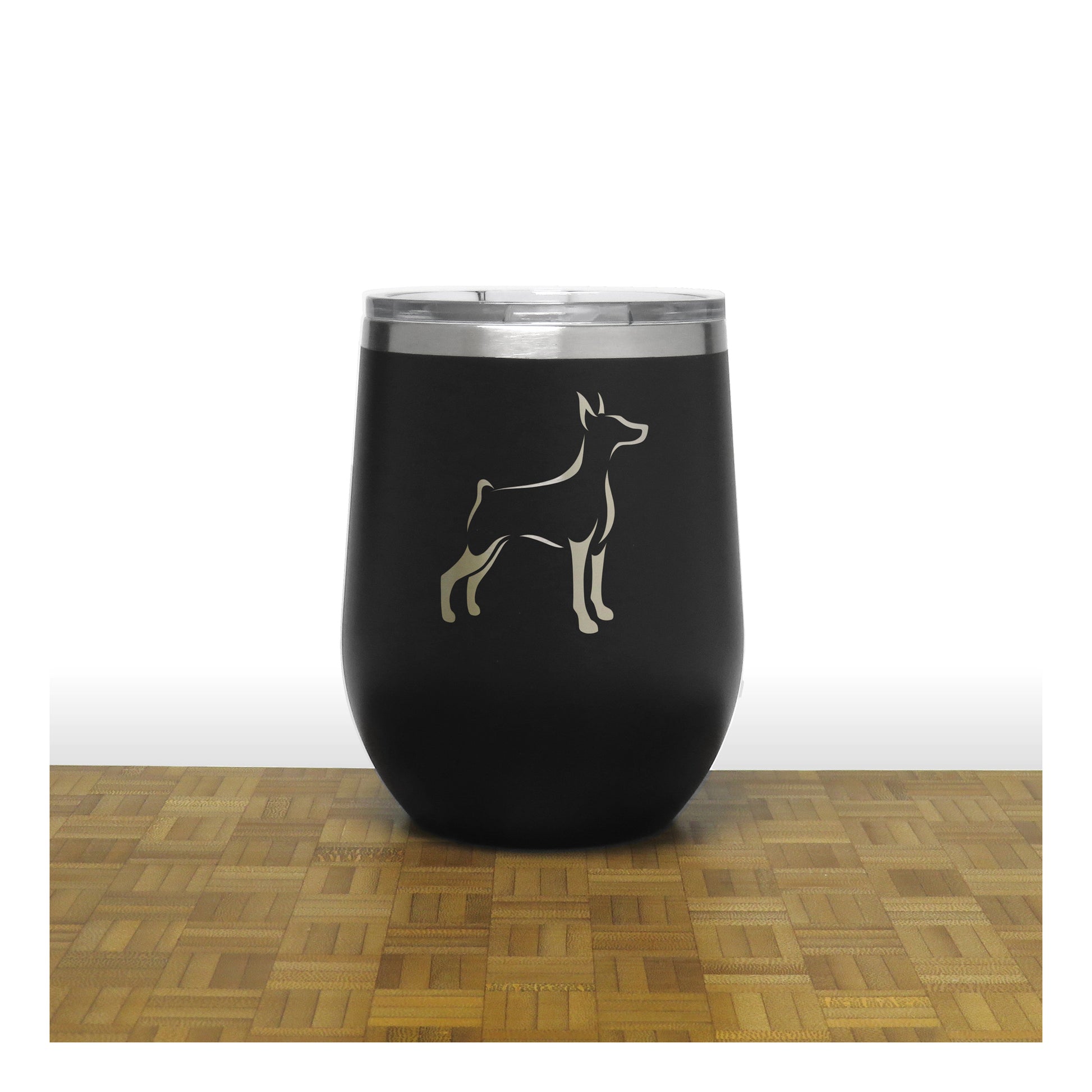 Black - Doberman Design 3 PC 12oz STEMLESS WINE - Copyright Hues in Glass