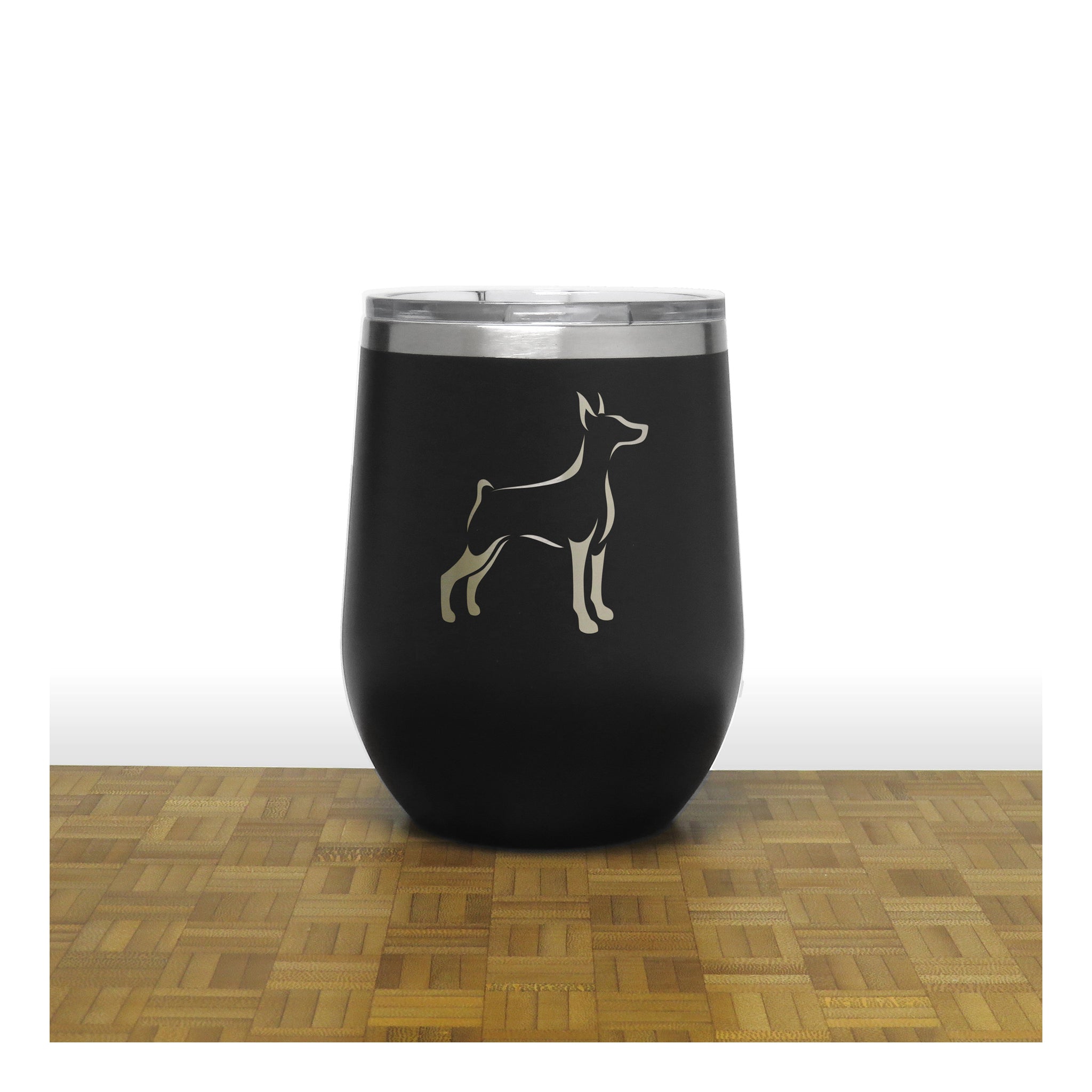 Black - Doberman Design 3 PC 12oz STEMLESS WINE - Copyright Hues in Glass