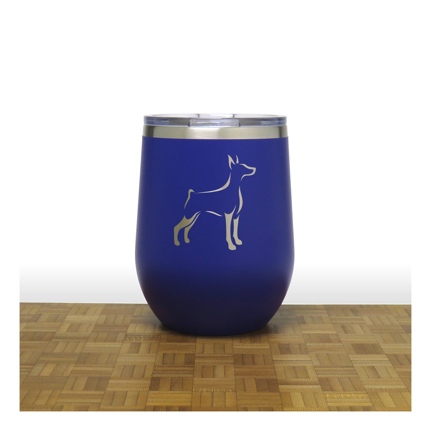 Blue - Doberman Design 3 PC 12oz STEMLESS WINE - Copyright Hues in Glass