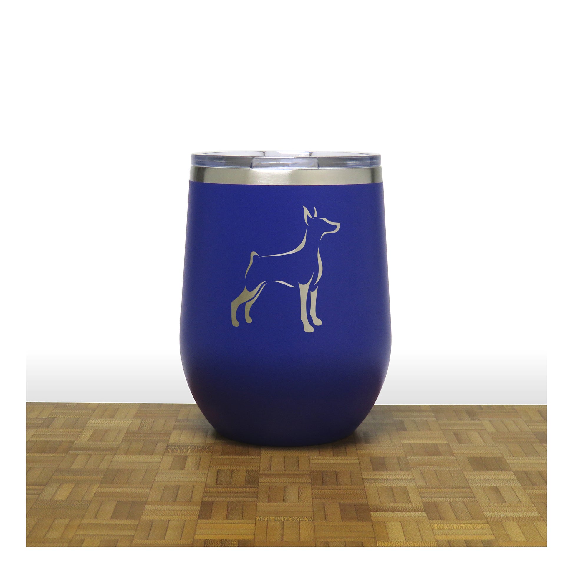 Blue - Doberman Design 3 PC 12oz STEMLESS WINE - Copyright Hues in Glass