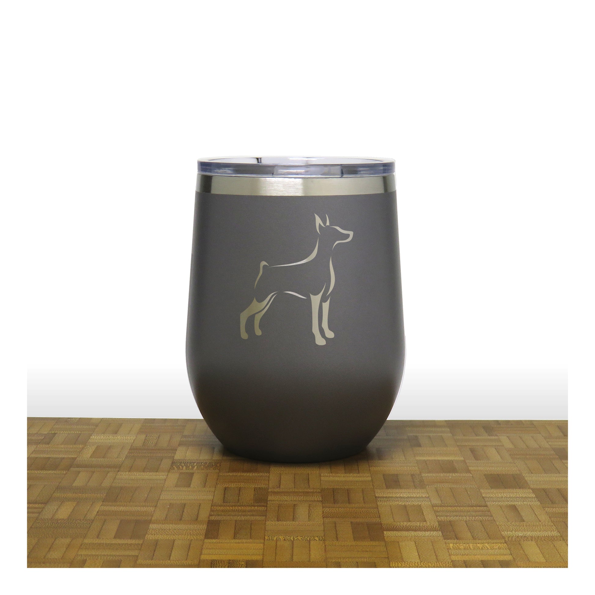 Grey - Doberman Design 3 PC 12oz STEMLESS WINE - Copyright Hues in Glass