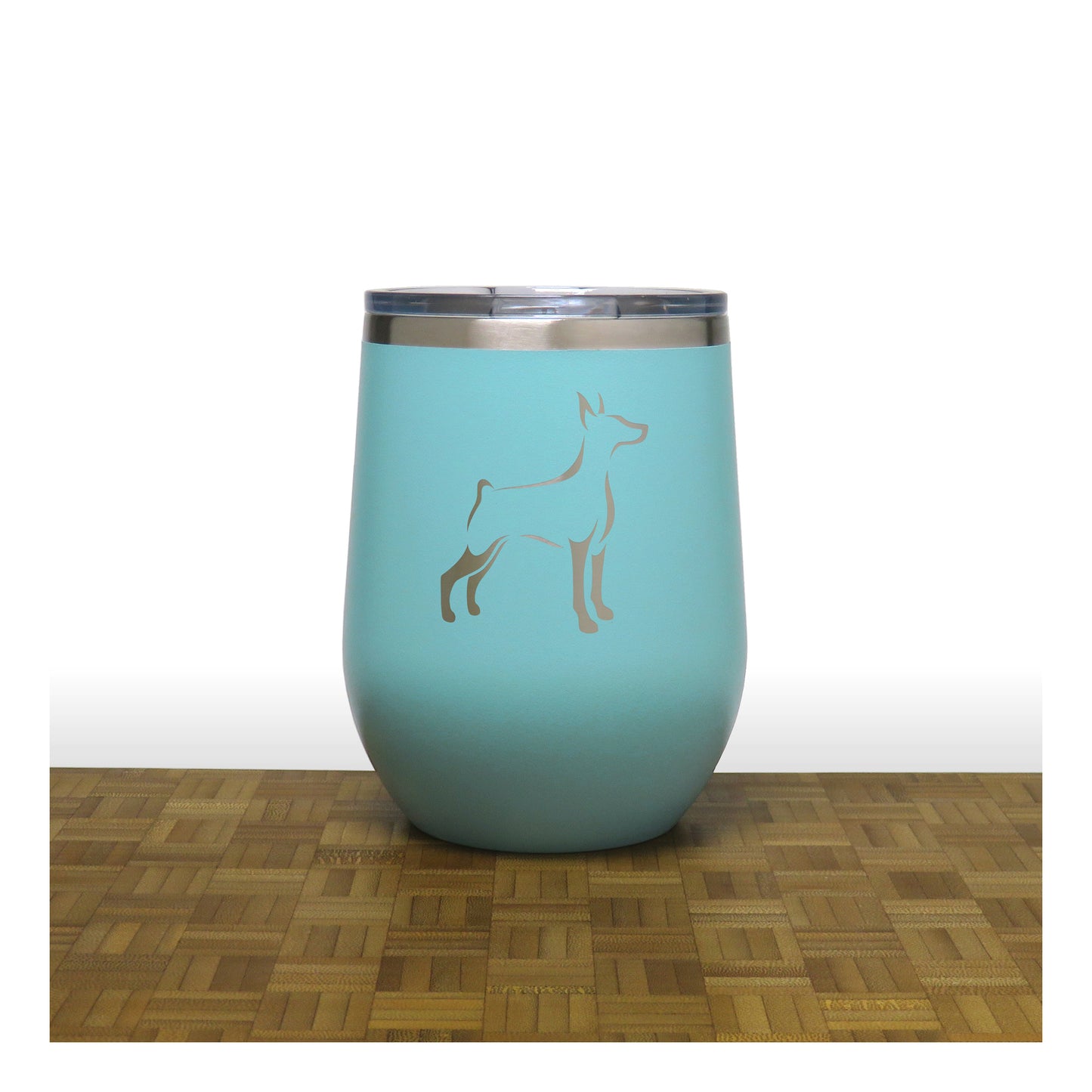 Teal - Doberman Design 3 PC 12oz STEMLESS WINE - Copyright Hues in Glass