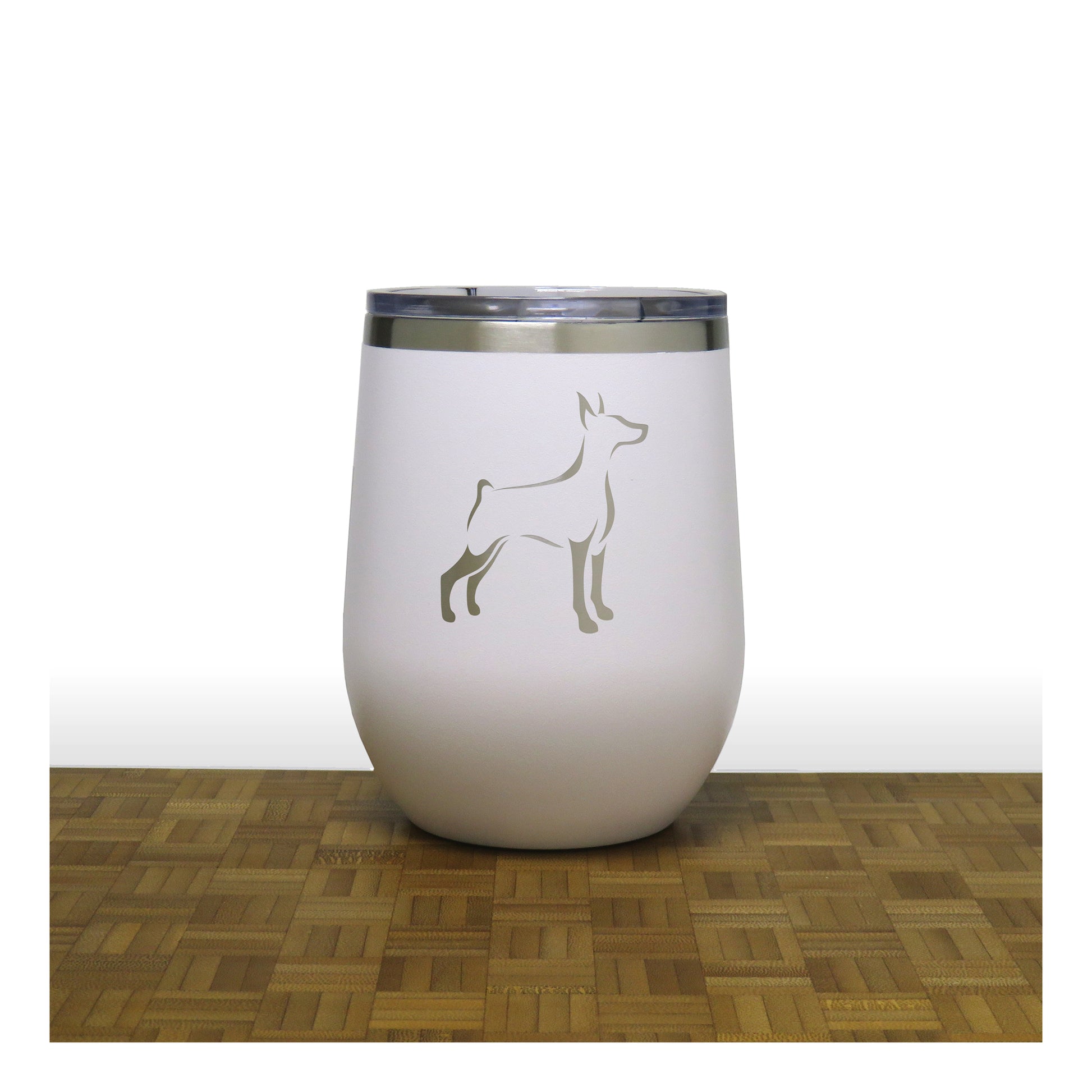 White - Doberman Design 3 PC 12oz STEMLESS WINE - Copyright Hues in Glass