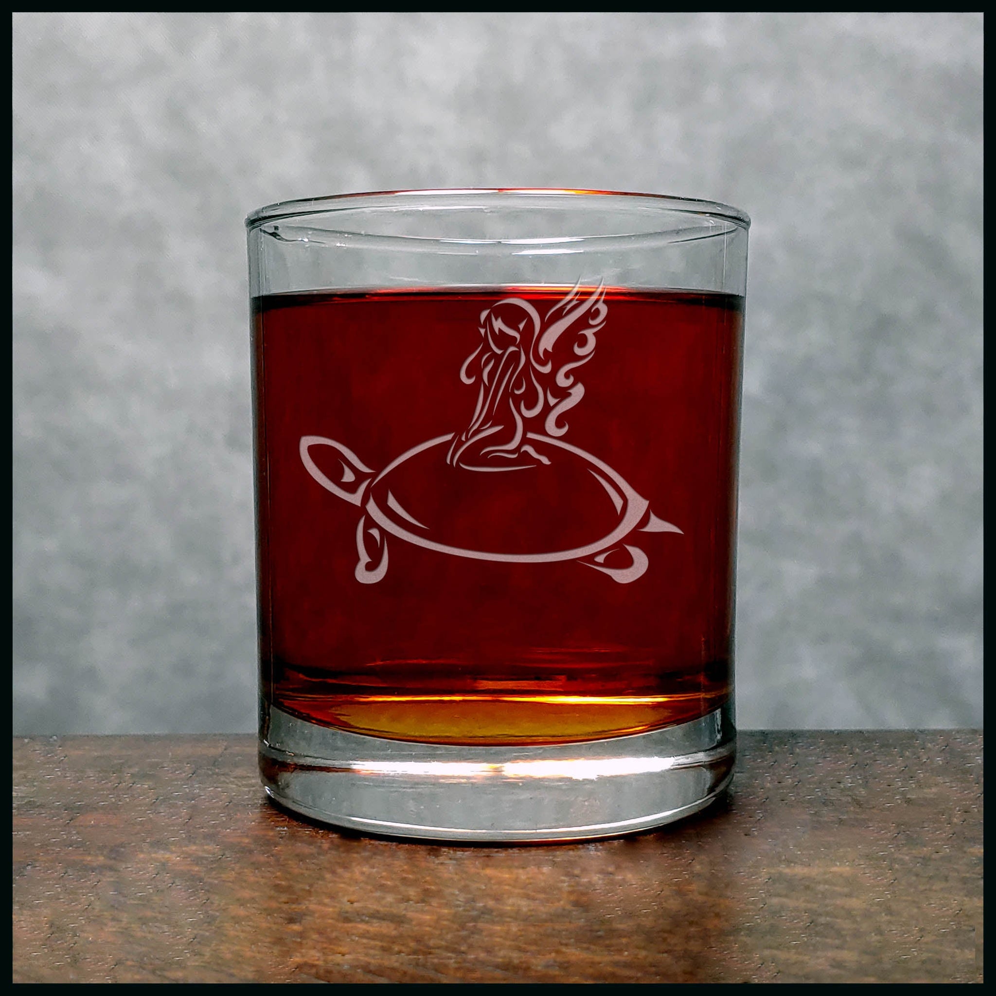 Fairy on a Turtle Whisky Glass - Copyright Hues in Glass