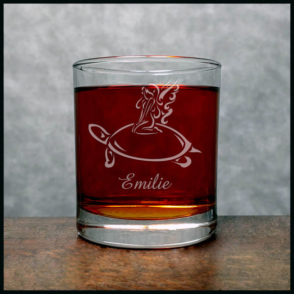 Personalized Fairy on a Turtle Whisky Glass - Copyright Hues in Glass