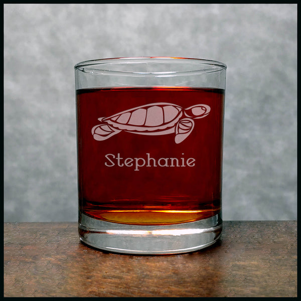 Sea Turtle Whisky Personalized  Glass - Design 2 - Copyright Hues in Glass