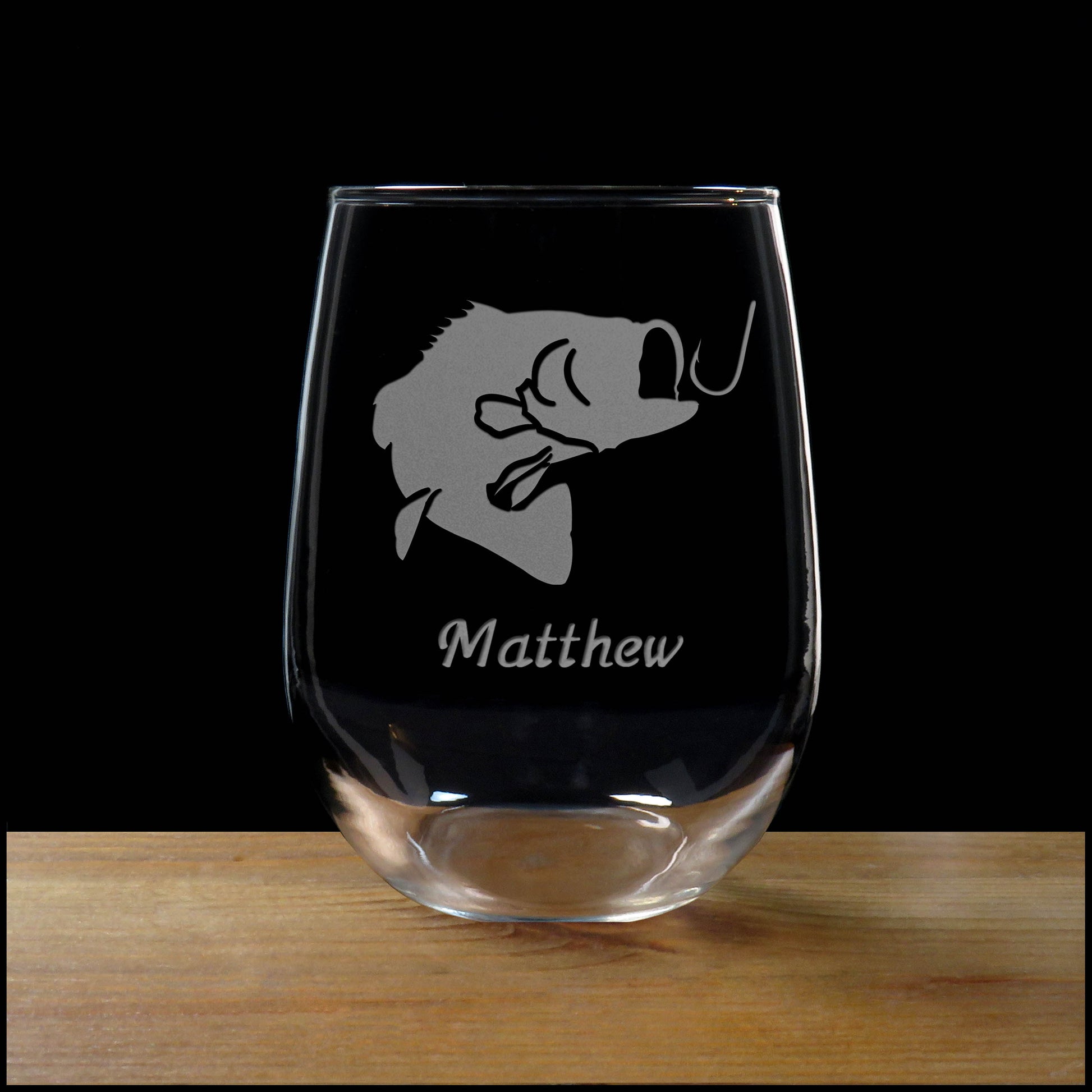 Personalized Bass Jumping for a Fishing Hook Stemless Wine Glass - Copyright Hues in Glass