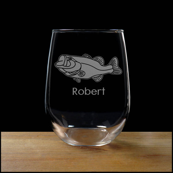 Personalized Large Mouth Bass Stemless Wine Glass - Copyright Hues in Glass