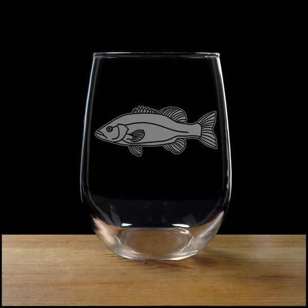 Small Mouth Bass Stemless Wine Glass - Copyright Hues in Glass