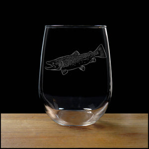Brown Trout Stemless Wine Glass - Copyright Hues in Glass
