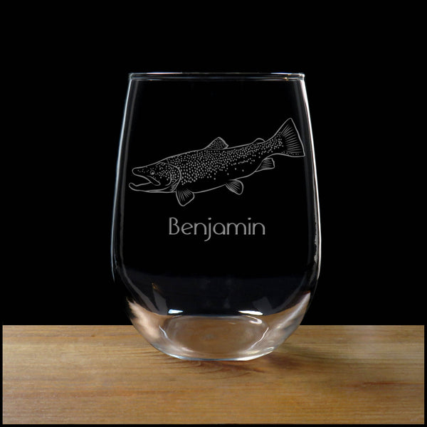 Brown Trout Personalized Stemless Wine Glass - Copyright Hues in Glass