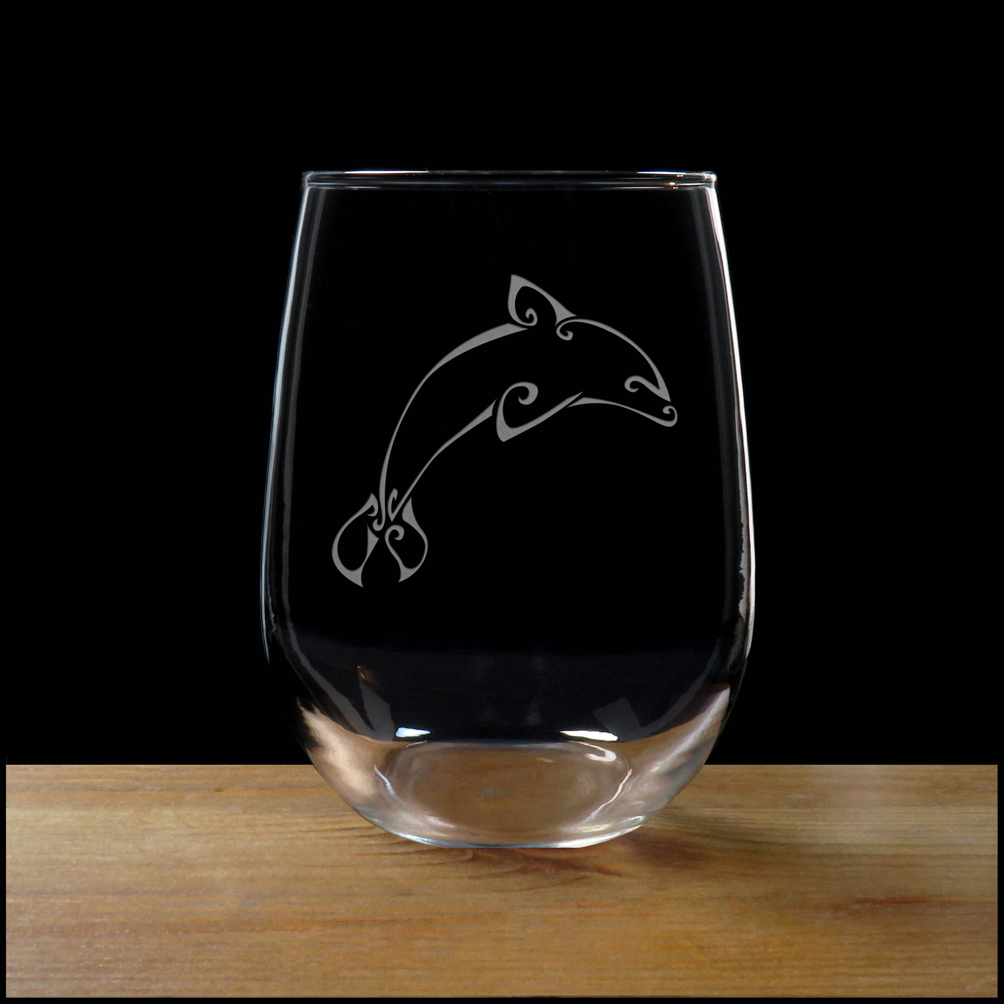 Leaping Dolphin Personalized Stemless Wine Glass - Copyright Hues in Glass
