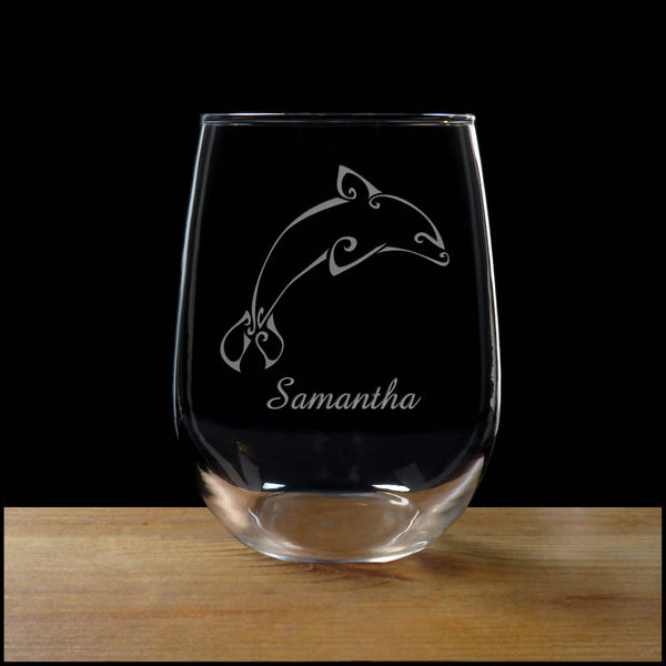 Personalized Leaping Dolphin Personalized Stemless Wine Glass - Copyright Hues in Glass