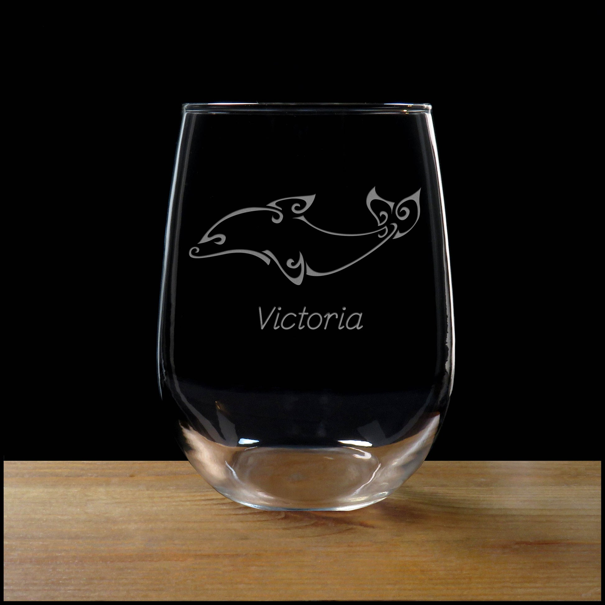 Personalized Swimming Dolphin Stemless Wine Glass - Copyright Hues in Glass