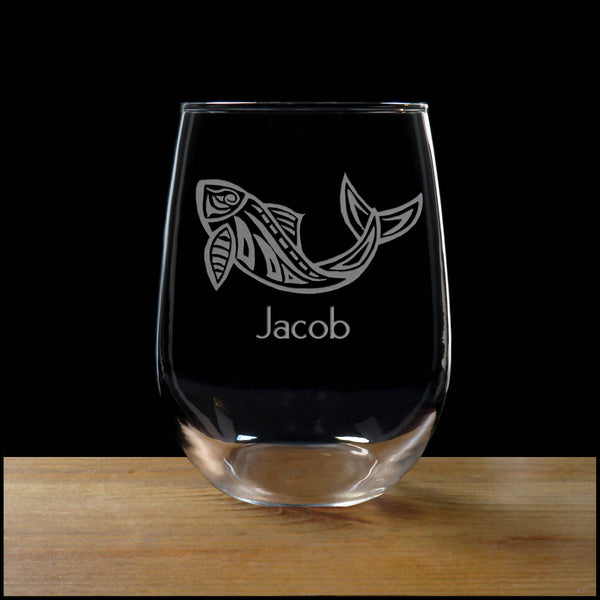 Personalized Fish Stemless Wine Glass - Copyright Hues in Glass