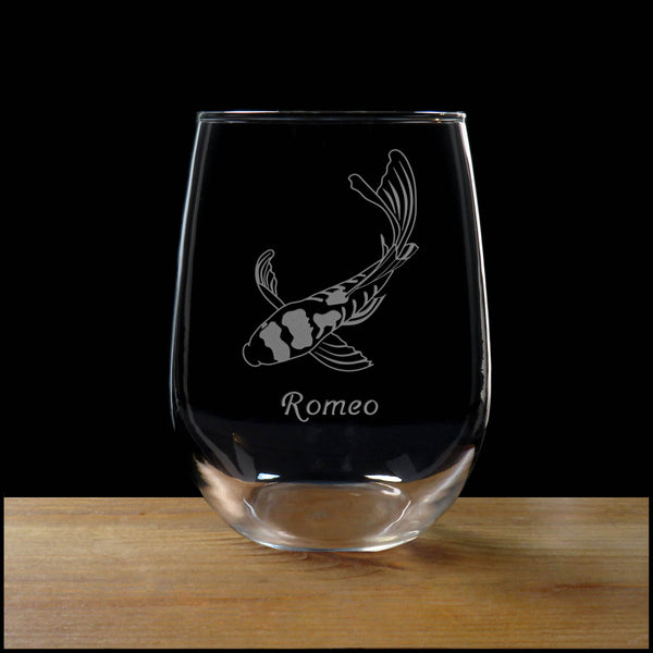 Personalized Koi Stemless Wine Glass - Copyright Hues in Glass