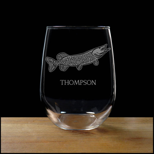 Personalized Northern Pike Stemless Wine Glass - Copyright Hues in Glass