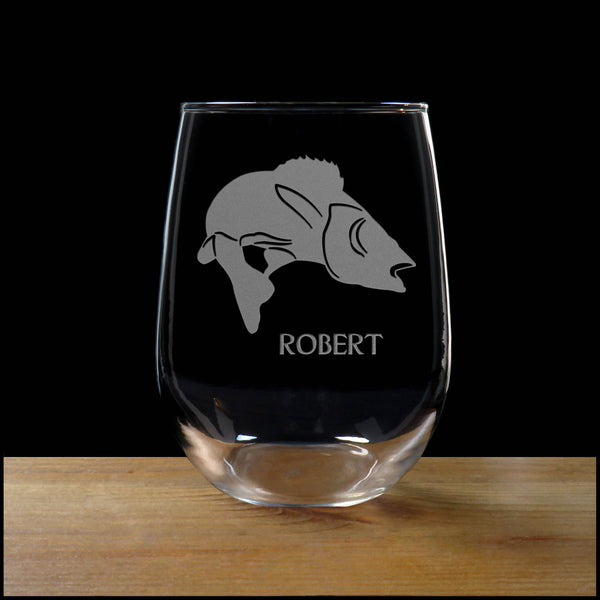 Personalized Pickerel Fish Stemless Wine Glass - Copyright Hues in Glass