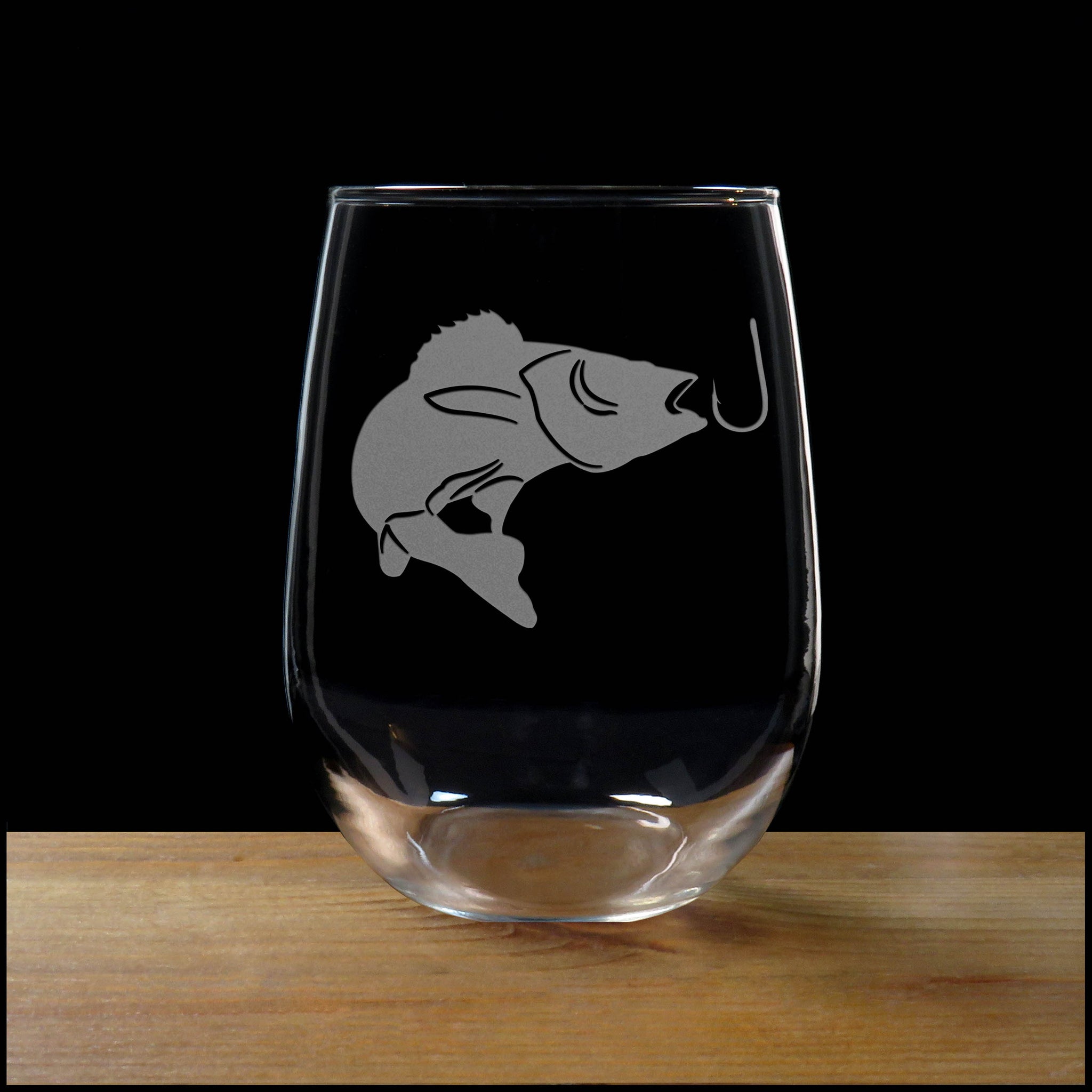 Pickerel Fish Leaping for Hook Stemless Wine Glass - Copyright Hues in Glass