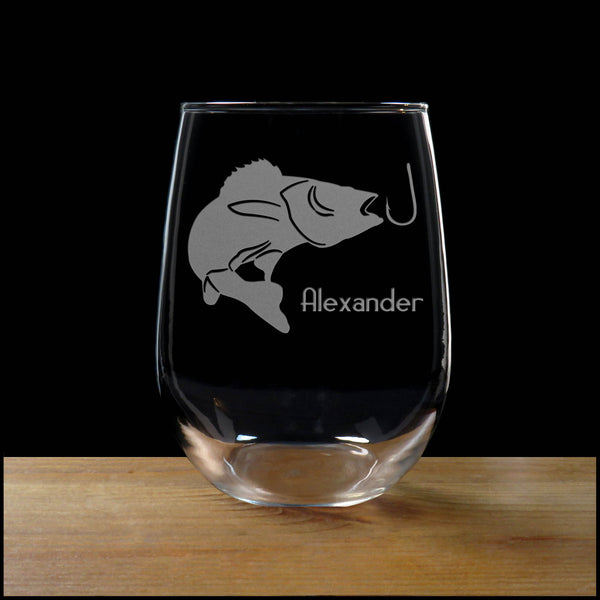 Personalized Pickerel Fish Leaping for Hook Stemless Wine Glass - Copyright Hues in Glass