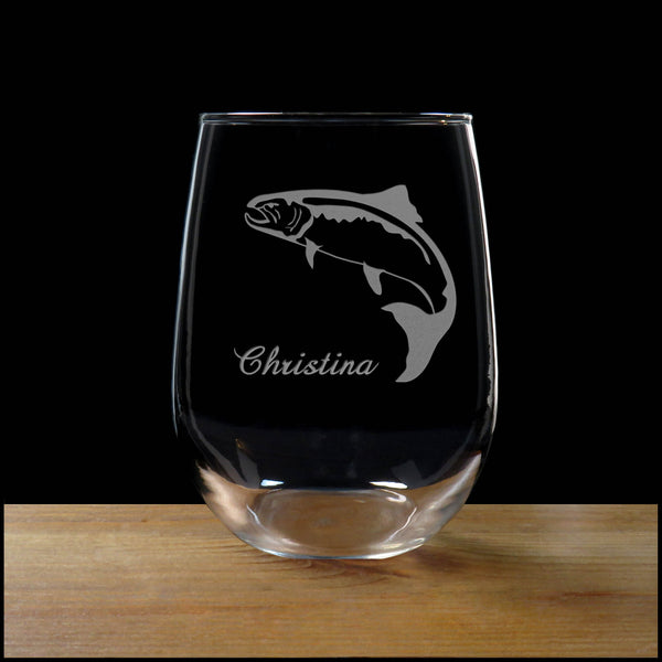 Personalized Salmon Stemless Wine Glass - Copyright Hues in Glass