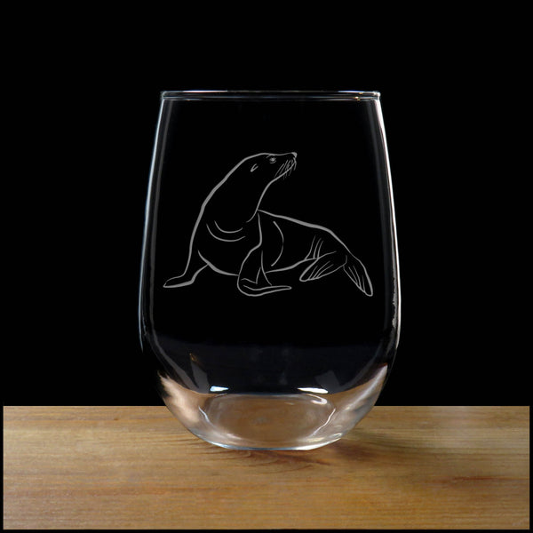 Sea Lion Stemless Wine Glass - Copyright Hues in Glass