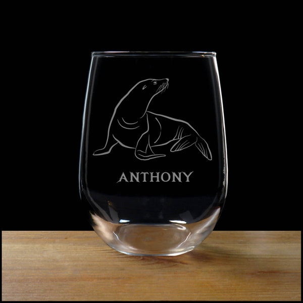 Personalized Sea Lion Stemless Wine Glass - Copyright Hues in Glass