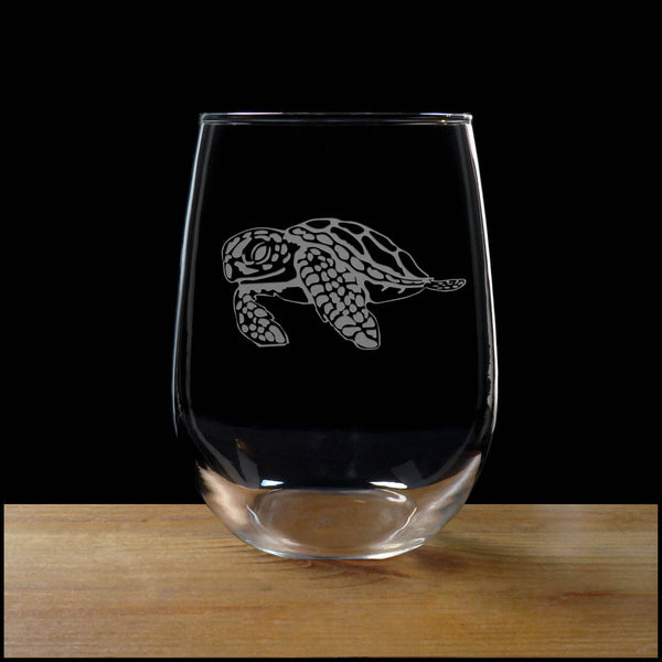 Sea Turtle  Stemless Wine Glass - Copyright Hues in Glass