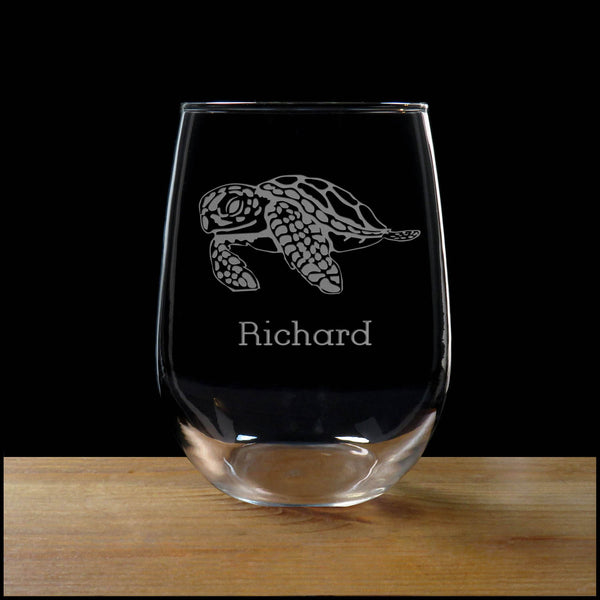 Sea Turtle Personalization Stemless Wine Glass - Copyright Hues in Glass