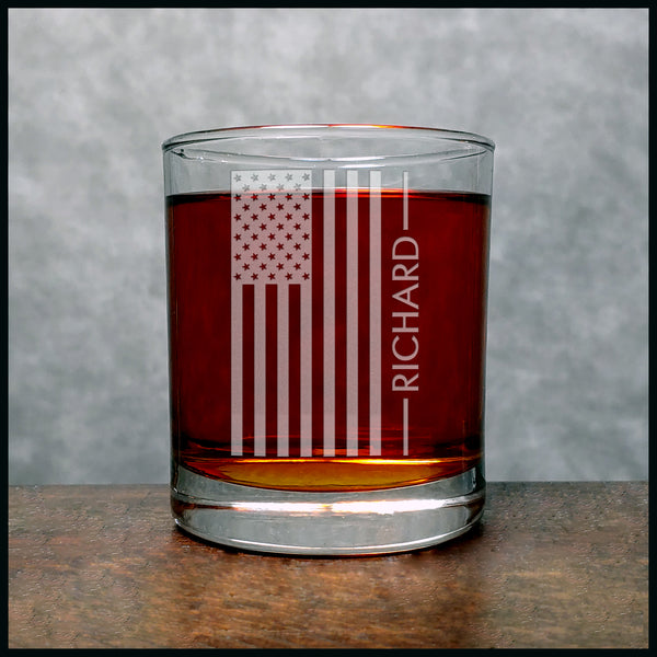 American Flag Personalized Whiskey Glass - Design 2 - Copyright Hues in Glass