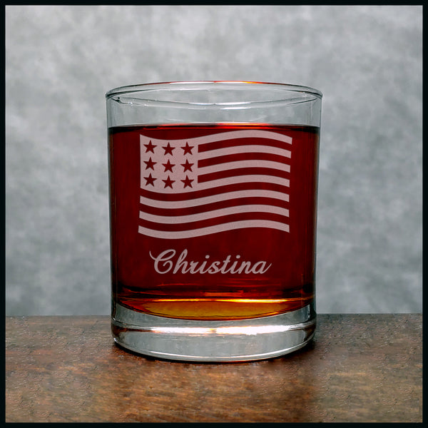 Waving American Flag Personalized Whiskey Glass - Copyright Hues in Glass