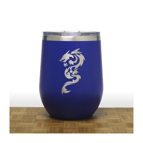 Blue - Dragon Design 2 PC 12oz STEMLESS WINE - Copyright Hues in Glass