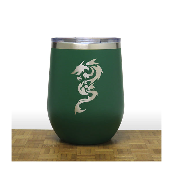 Green - Dragon Design 2 PC 12oz STEMLESS WINE - Copyright Hues in Glass