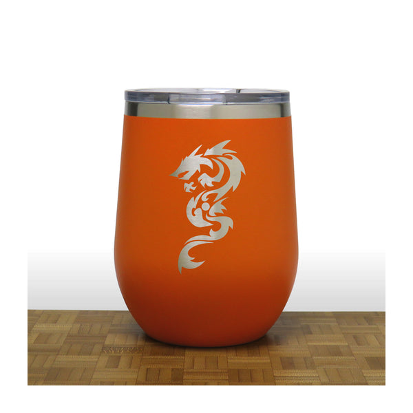 Orange - Dragon Design 2 PC 12oz STEMLESS WINE - Copyright Hues in Glass