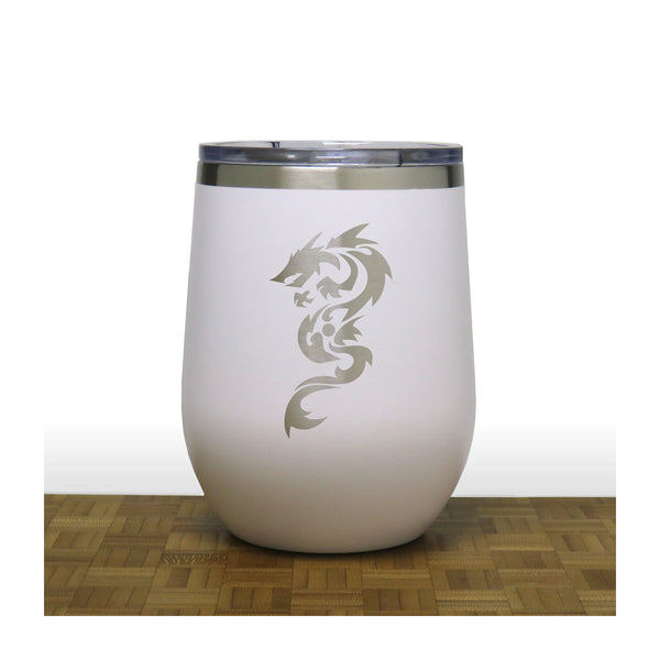 White - Dragon Design 2 PC 12oz STEMLESS WINE - Copyright Hues in Glass