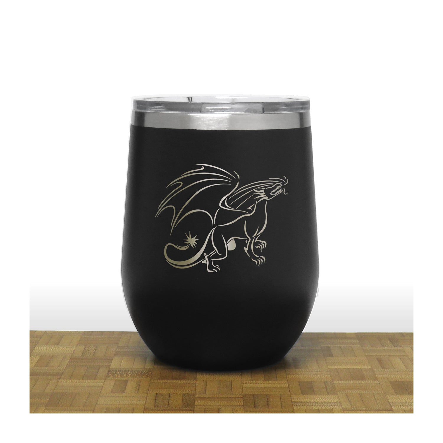 Black - Dragon Design 3 PC 12oz STEMLESS WINE - Copyright Hues in Glass