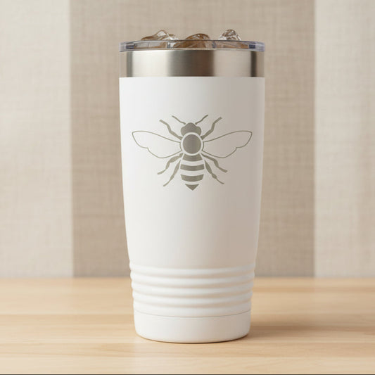 White - Bee 20 oz Insulated Tumbler - Copyright Hues in Glass
