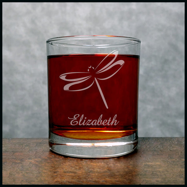 Dragonfly Personalized Whisky Glass - Design 2 - Copyright Hues in Glass