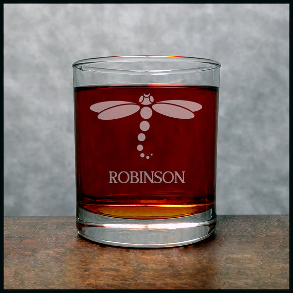 Dragonfly Personalized Whisky Glass - Design 2 - Copyright Hues in Glass