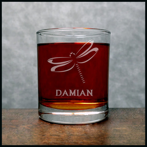Dragonfly Personalized Whisky Glass - Design 4 - Copyright Hues in Glass