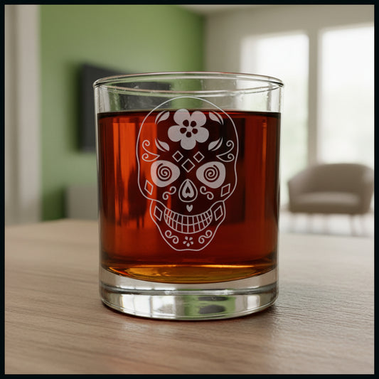 Sugar Skull Personalized Whisky Glass - Copyright Hues in Glass