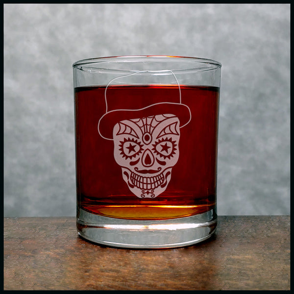 Sugar Skull with Hat  Whisky Glass - Design 2 - Copyright Hues in Glass
