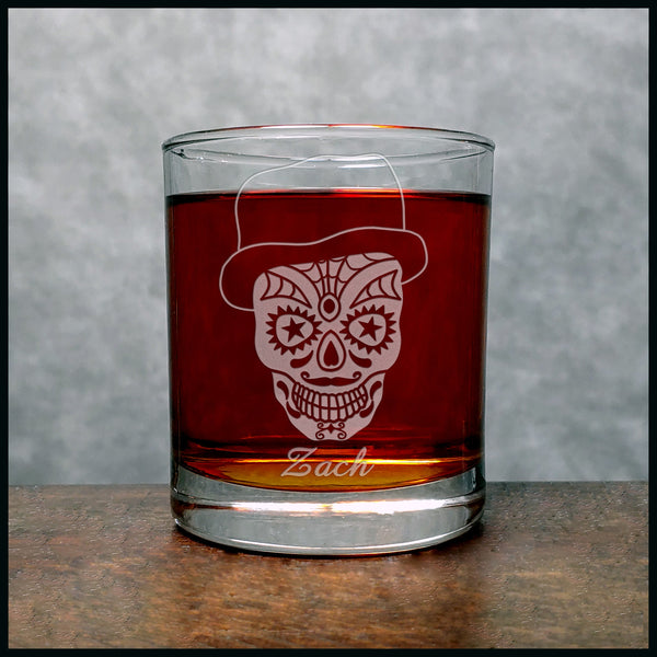 Sugar Skull with Hat Personalized Whisky Glass - Design 2 -  Copyright Hues in Glass