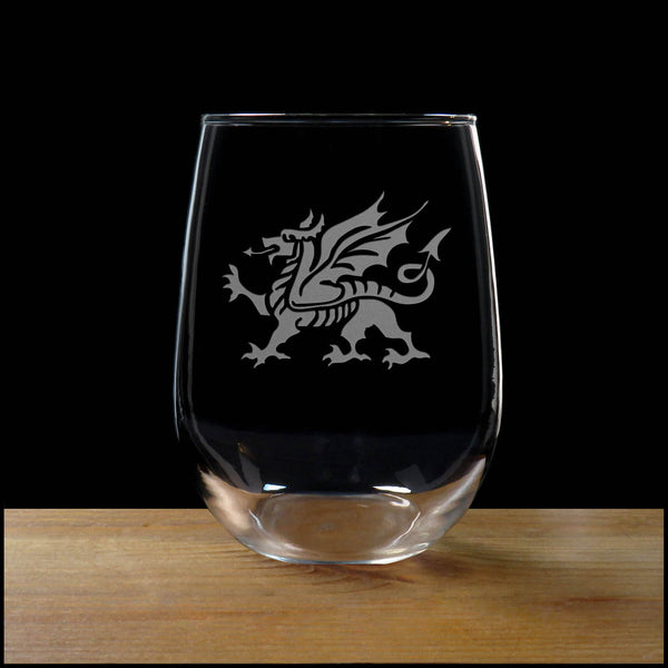 Welsh Dragon Stemless Wine Glass - Copyright Hues in Glass
