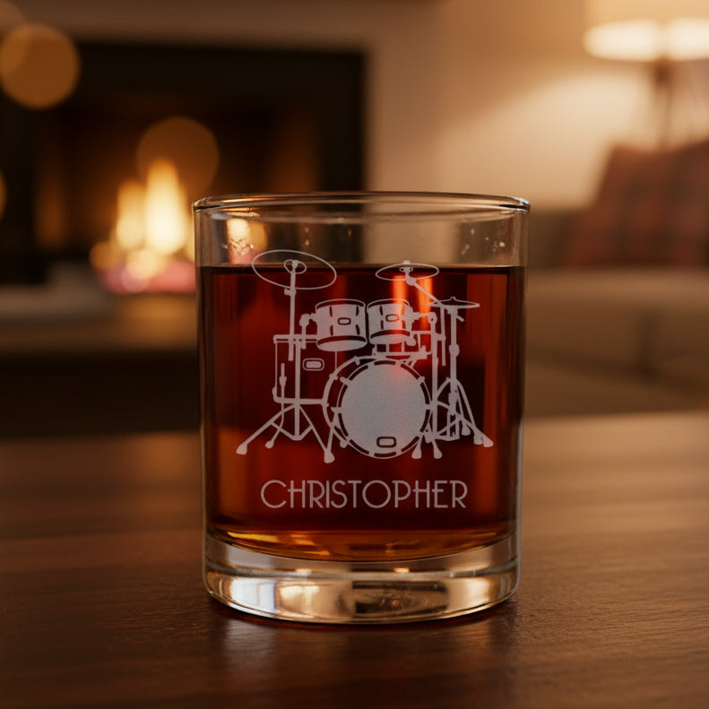 Drum Set Personalized Whisky Glass - Copyright Hues in Glass