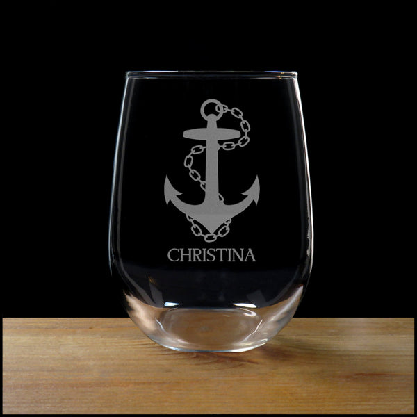 Anchor and Chain Personalized Stemless Wine Glass - Copyright Hues in Glass